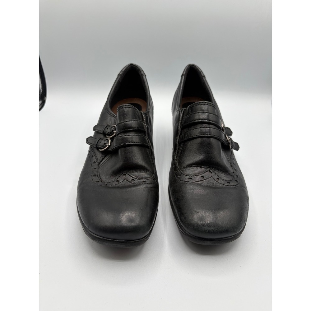 Earth Origins Carma Black Leather Wingtip‎ Monk Strap Loafers Heels Womens 9.5 M